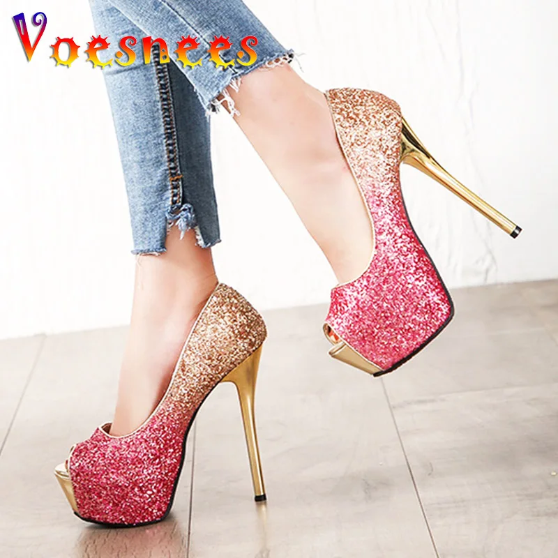 Fashion Sequin Fish Mouth High Heels With Gradient Color Trend Women\'s Shoes European And American Sexy Thin Heels Single Pumps