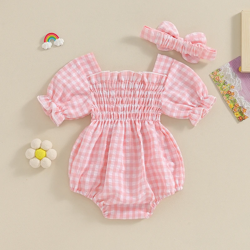 FOCUSNORM 0-18M Infant Baby Girls Cute Romper Headband Outfits Short Sleeve Square Collar Plaid Print Button Jumpsuits