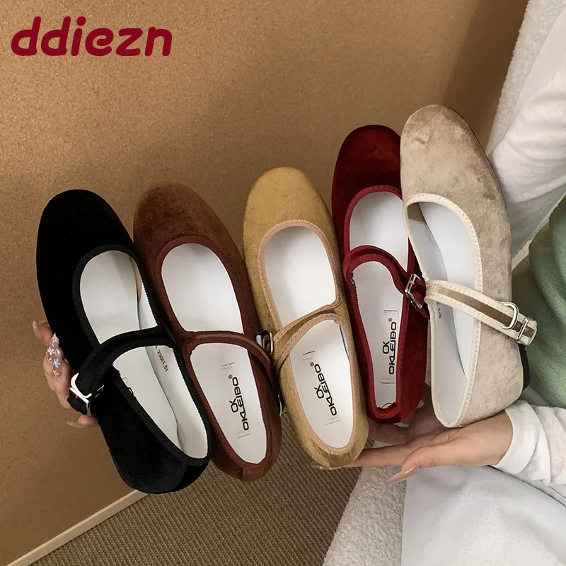 Zapatos planos Mary Jane con correa y hebilla para mujer, calzado suave aterciopelado con punta redonda, bailarinas poco profundas para mujer