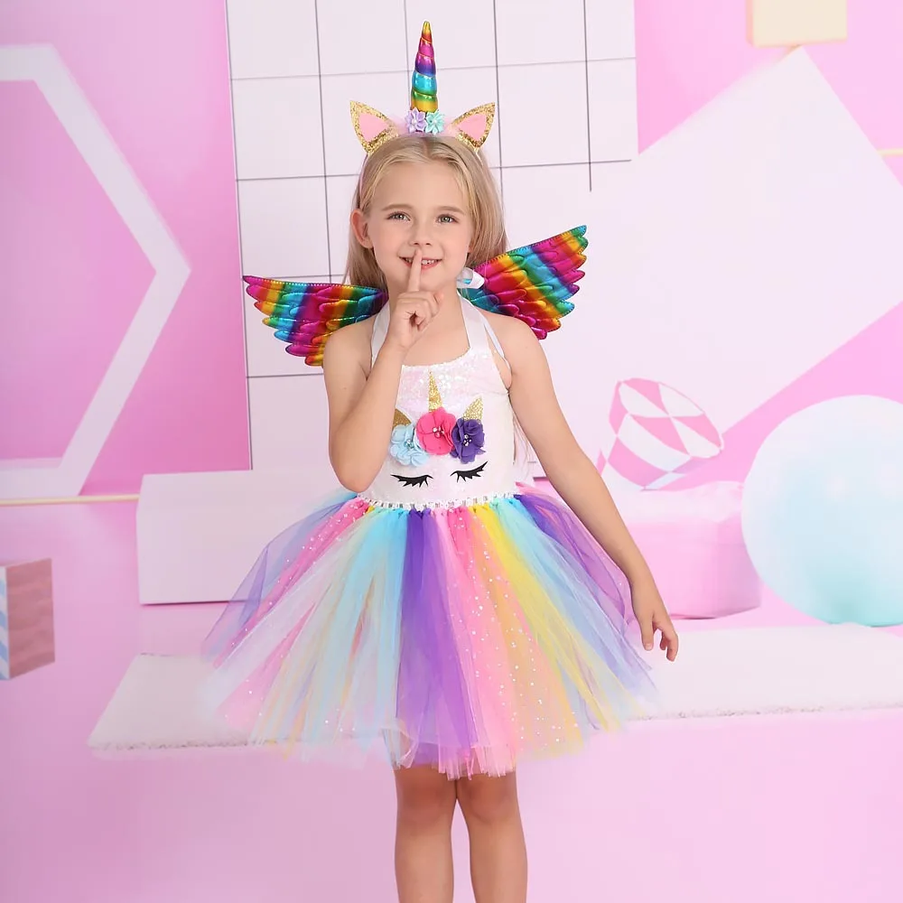 

Dreamy Sequins Unicorn Princess Dress Children Rainbow Tutu Dress For Girls Birthday Party Halloween Dance Performance Dresses