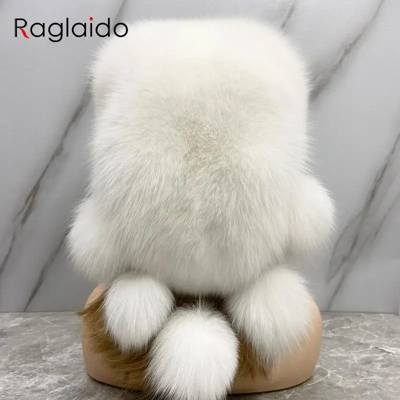 

Real Fox Fur Hats for Women Ushanka Hat Fluffy Snow Russia Winter Warm Bonnet Balls Men Outdoor Cold Luxury Genuine Furry Hat