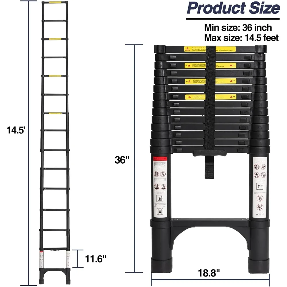 Escalera telescópica de aluminio de 14,5 pies de BOCOM, liviana y plegable para uso multiusos con estabilizadores triangulares duales a