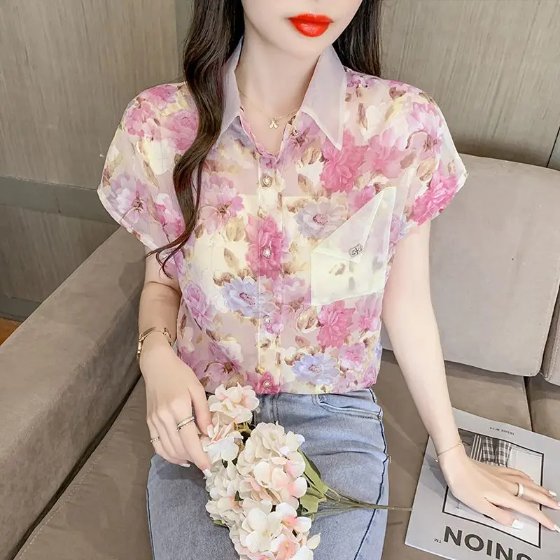 Summer New Floral Chiffon Blouse Short Sleeve Thin Polo Neck All-match Printing Sweet Shirt Tops Fashion Elegant Women Clothing