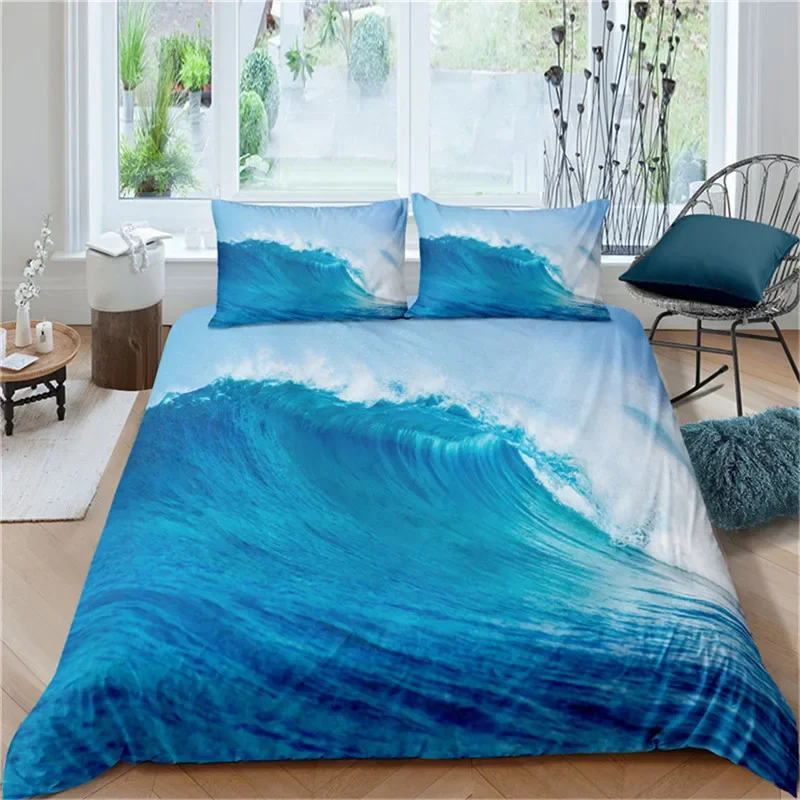 3D Ocean Waves Bedding Set Queen Size Soft Summer Sea Beach Duvet Cover Set Hawaiian Tropical Print Comforter Cover Pillowcases