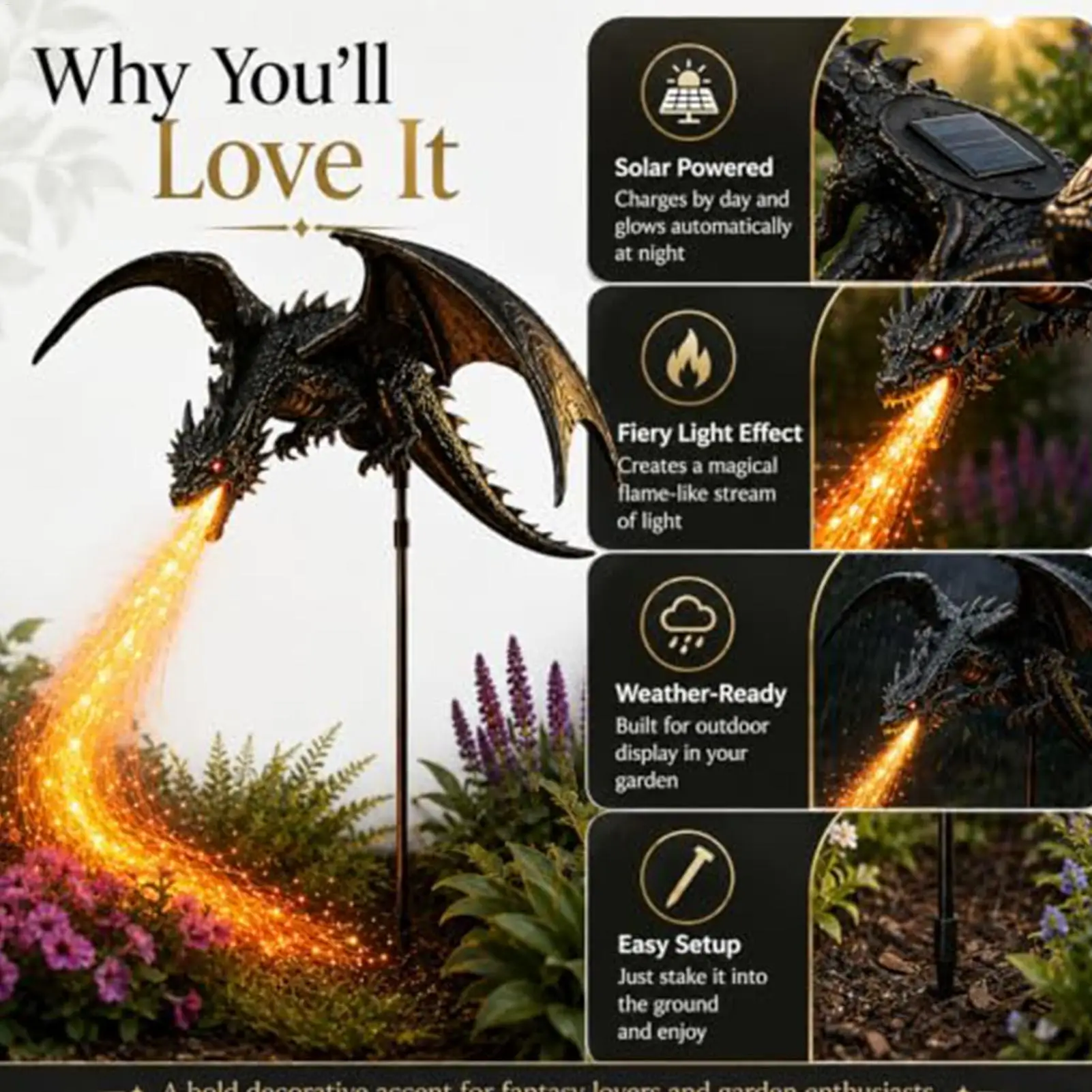 Solar Garden Stake Lights Waterproof Dragon Fire Figurine Lamp Solar Dragon Fire Garden Light for Outdoor Porch Patio Courtyard