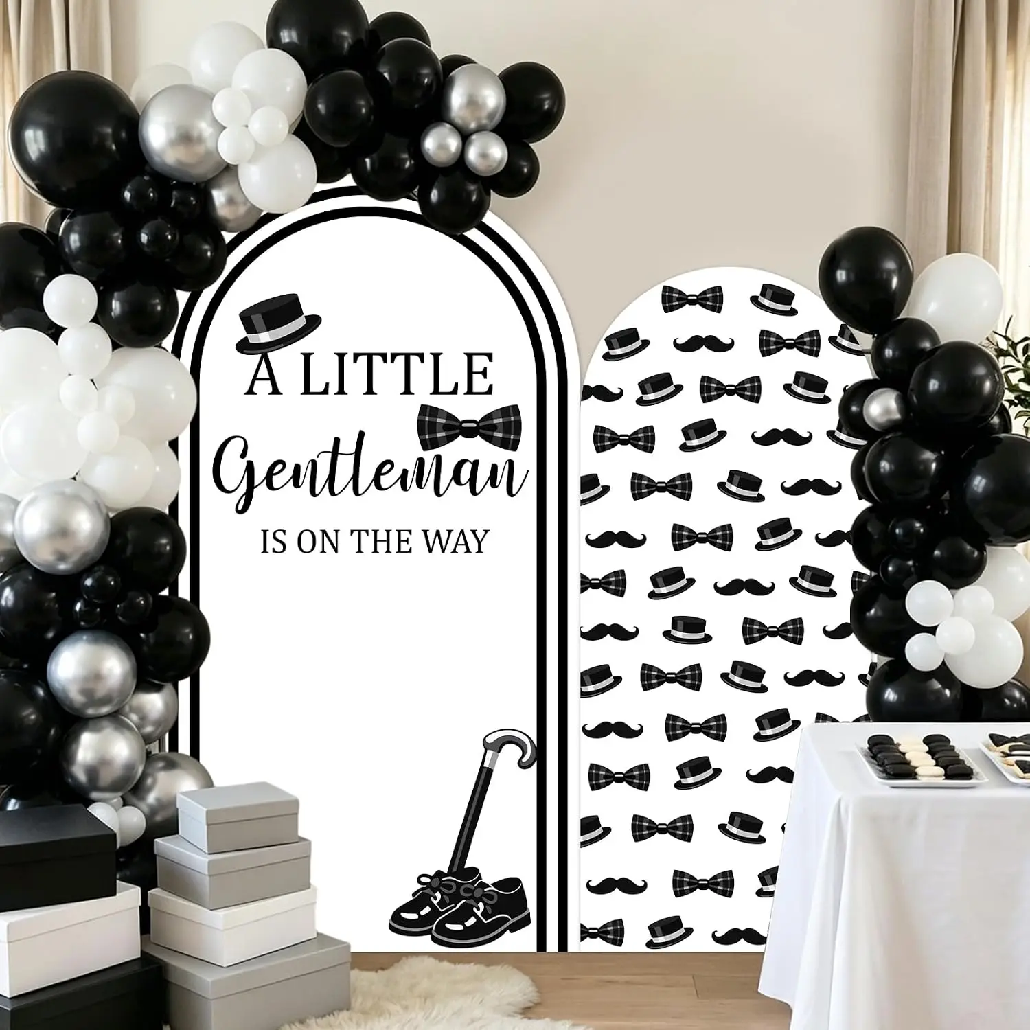 Custom 2-sided Little Gentleman is on the Way Baby Shower Arch Backdrop Cover Black White Bow Tie Hat Boy Gender Reveal Party