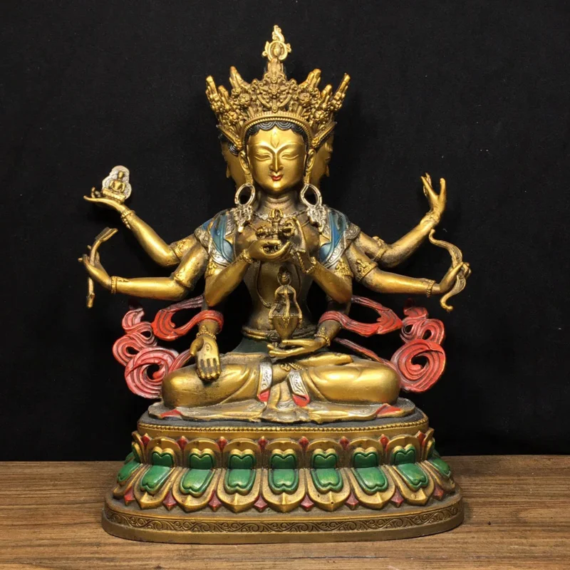 

31cm Tibetan Brass Gilded Gold Faced Zunsheng Buddha with Four Sides and Eight Arms Tara Avalokitesvara Ornament