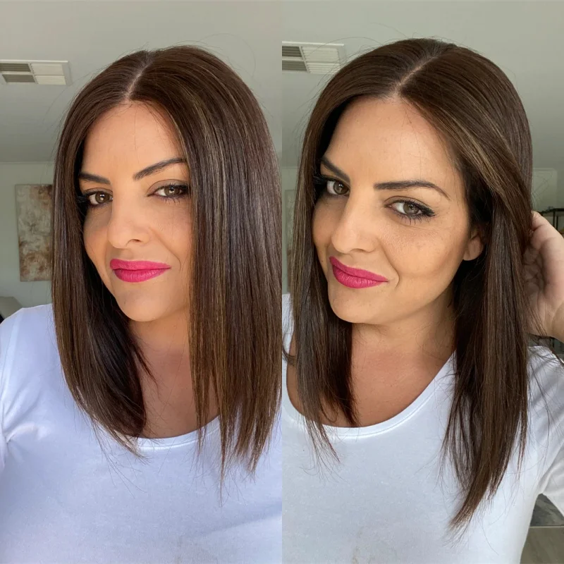 

Party Daily Cosplay Wig Ombre Dark Caramel Brown Highlights Balayage Luxury Synthetic Lace Front Wig 12 Inch Short Straight Bob