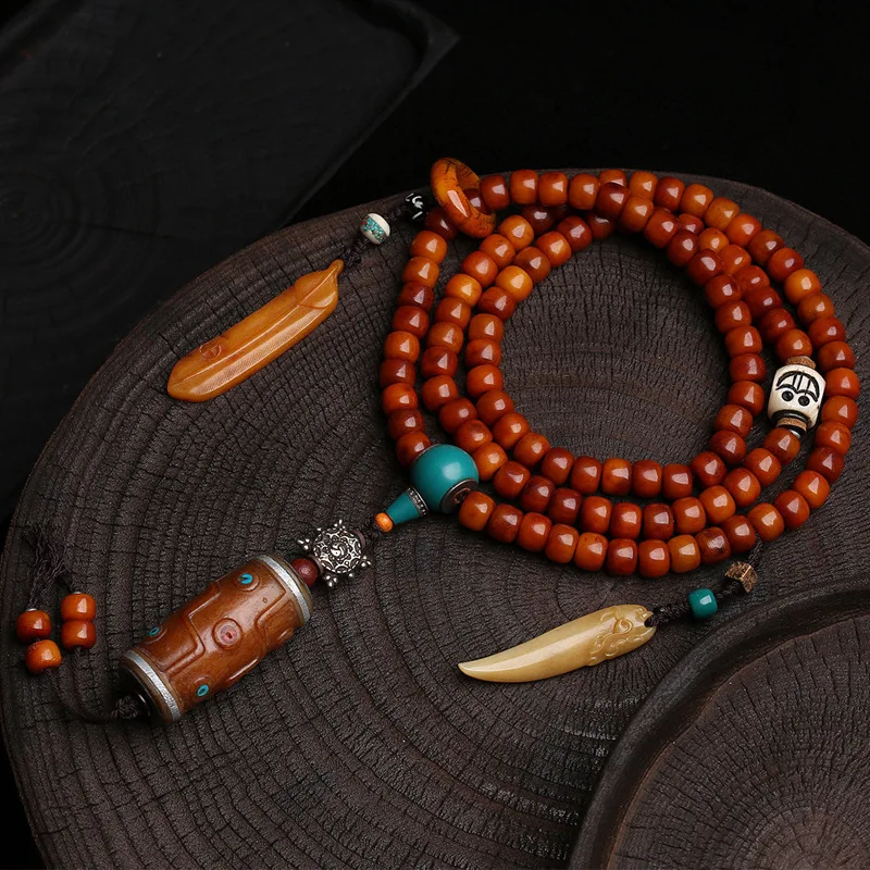 

Tibetan-Style RecycledBone Bead Necklace with108Prayer Beads Lagu-Style PendantSet with Nine-Eyed Heavenly Bead Adai Accessories