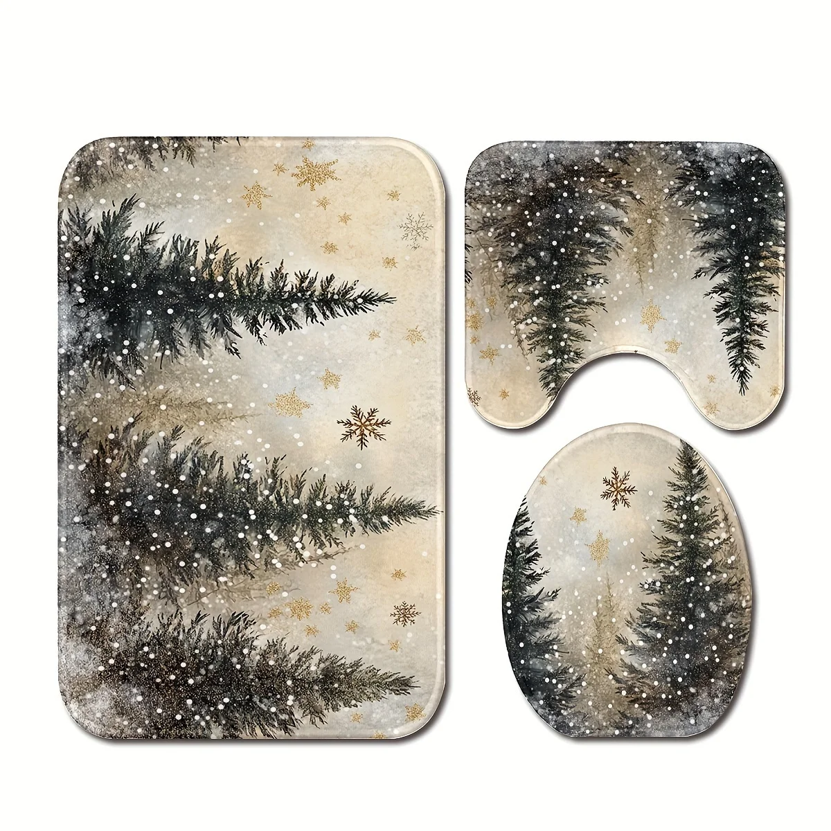

3шт украшение для ванной комнаты с рождественским рисунком снежинки. Полиэфирная ткань, U-образный коврик для сиденья унитаза, нескользящий коврик, можно стирать в машине.