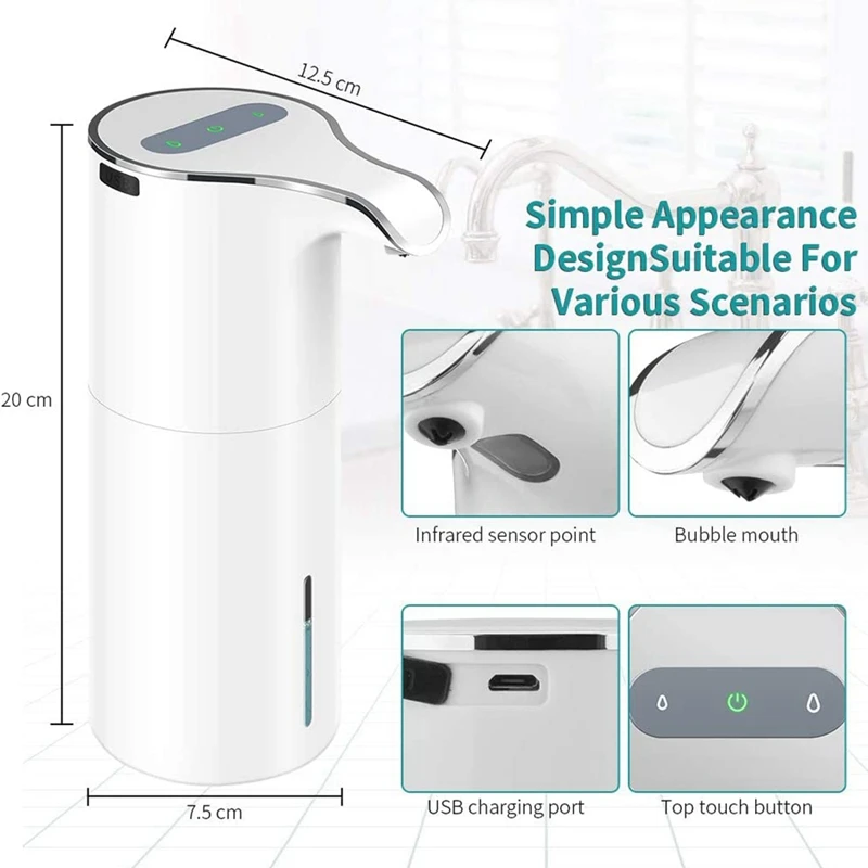 Soap Dispenser Automatic - Touchless USB Rechargeable Electric Foam Soap Dispenser Adjustable Waterproof 450 ML