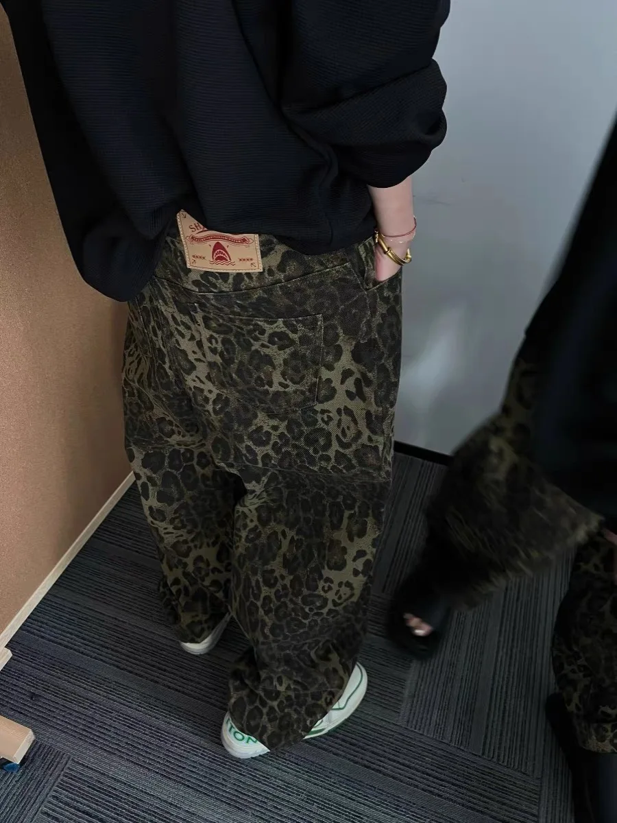 

Retro American Camouflage Leopard Print Men's Jeans High Street Loose Straight Casual Long Trousers Spring New Sle