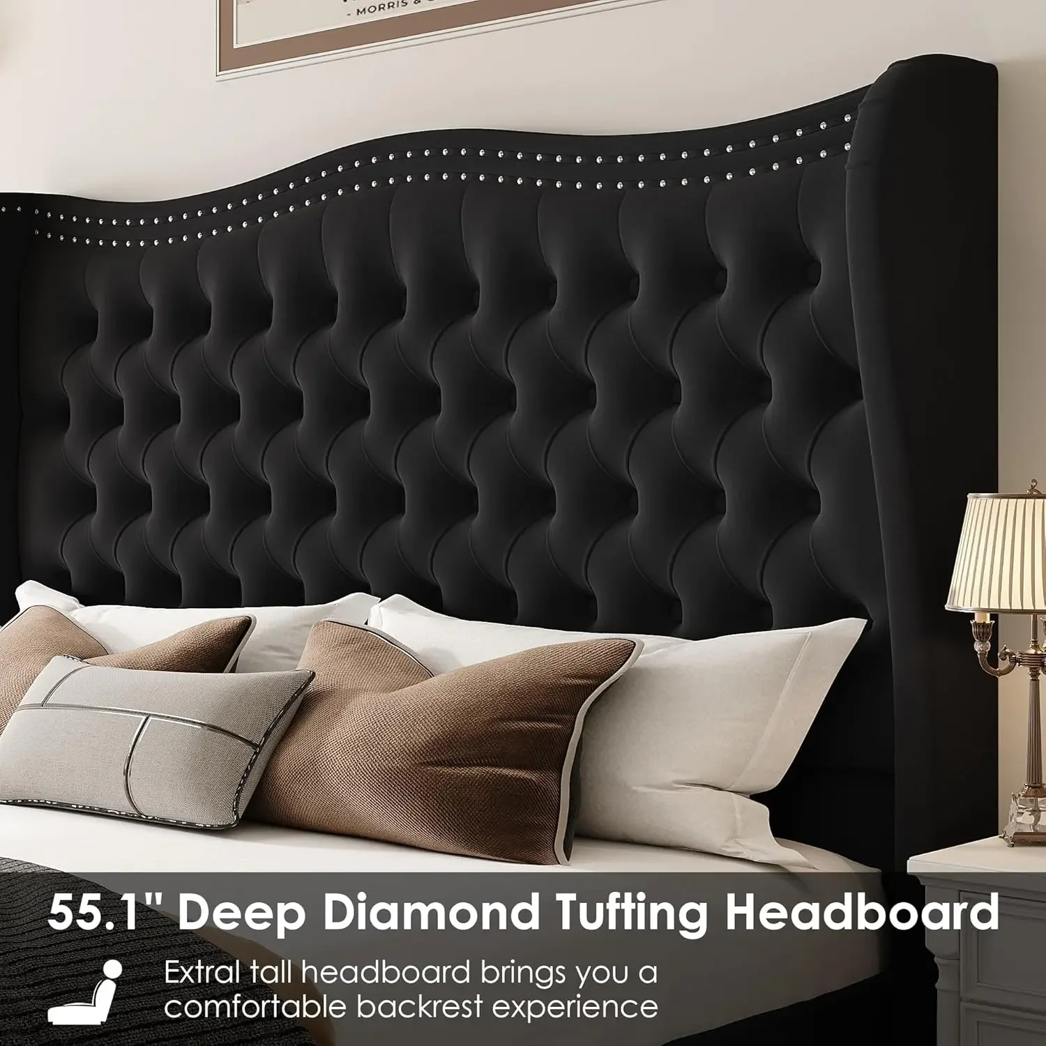 Kerangka tempat tidur ratu, 55 "Headboard tempat tidur berlapis kain dengan kaki tinggi, beludru buatan tangan lipatan tombol dalam Platform berumbai belakang