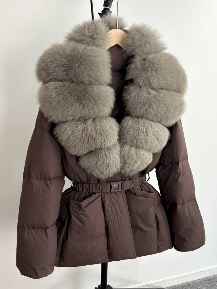 Lagabogy 2025 Large Real Fox Fur Winter Belt Waist-Tight Elegant Warm 90% White Duck Down Jacket Female V-neck Loose Puffer Coat
