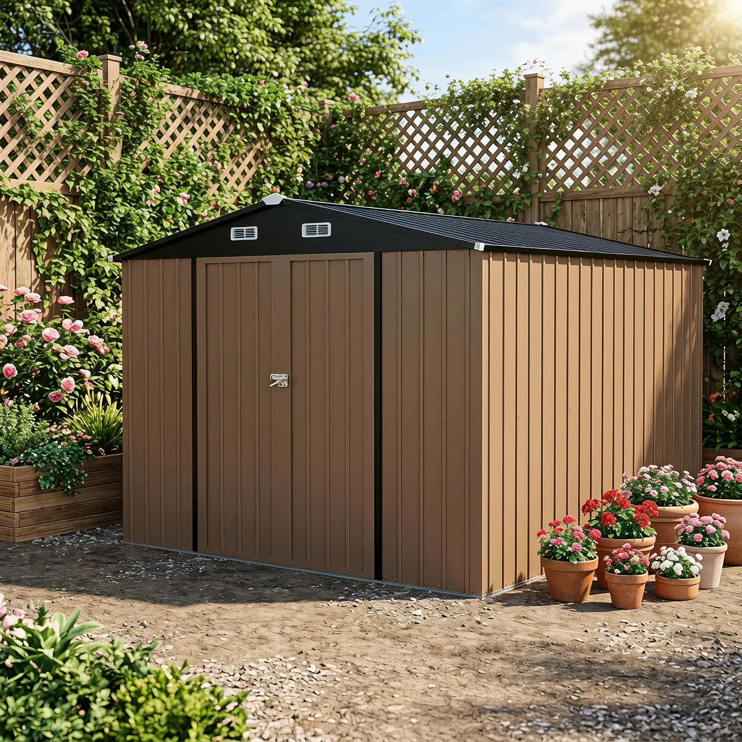 10 x 12 FT Outdoor Storage Shed, Heavy Duty Galvanized Steel Storage Shed with Double Lockable Doors, Gable Roof, Customized