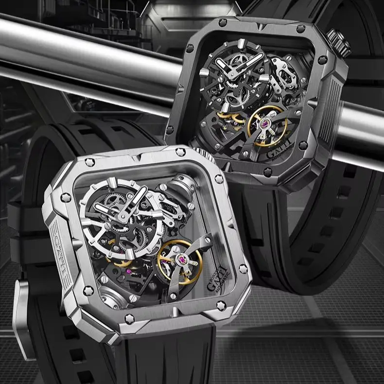 

BONEST GATTI Men Automatic Watch 42mm Square Mechanical Wristwatch Sapphire Luminous Skeleton Flywheel Dial Fluororubber Strap