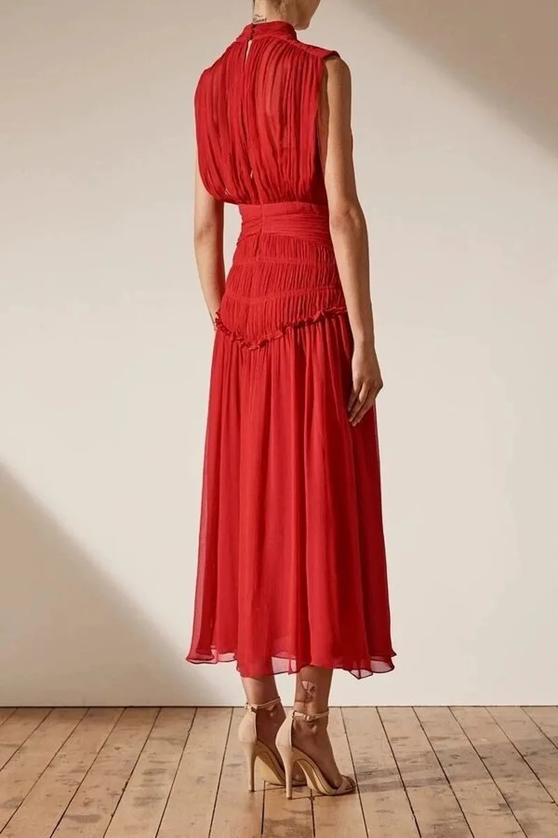 Spring and Summer Stand-up Collar Sleeveless Folds Waist Slim Red Purple Long Dress for Women