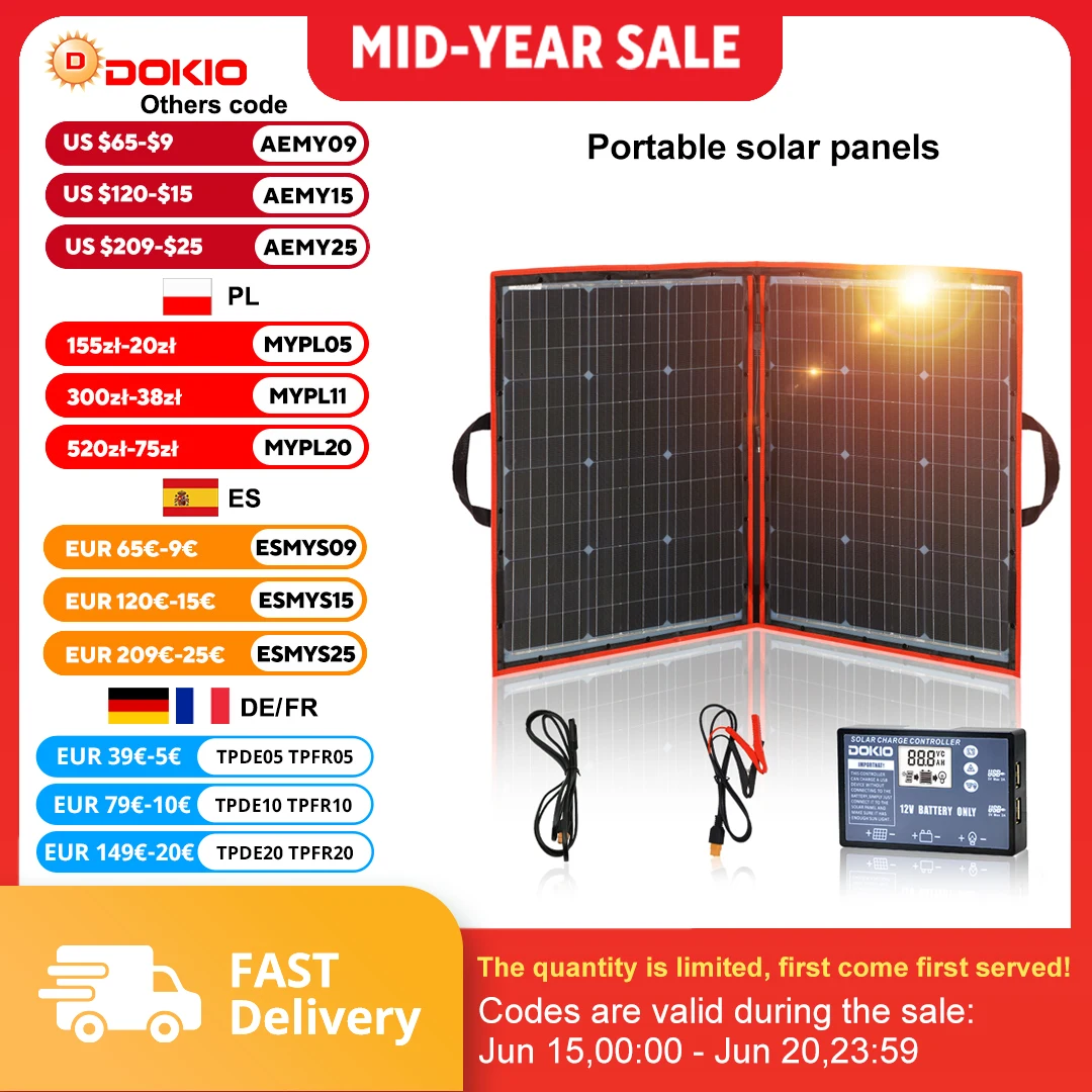 Panneau solaire flexible et pliable Dokio 100w (50Wx2pcs) pour les voyages, les bateaux et les camping-cars, panneau solaire portable de haute qualité, Chine