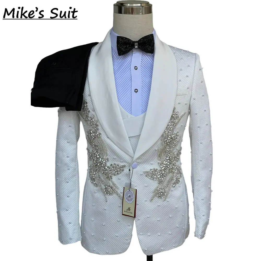 White Check Wedding Suit Groom Wear Beading Pearls Appliques Man's Suits Formal Tuxedo 3 Pieces Set Blazer Vest And Pants