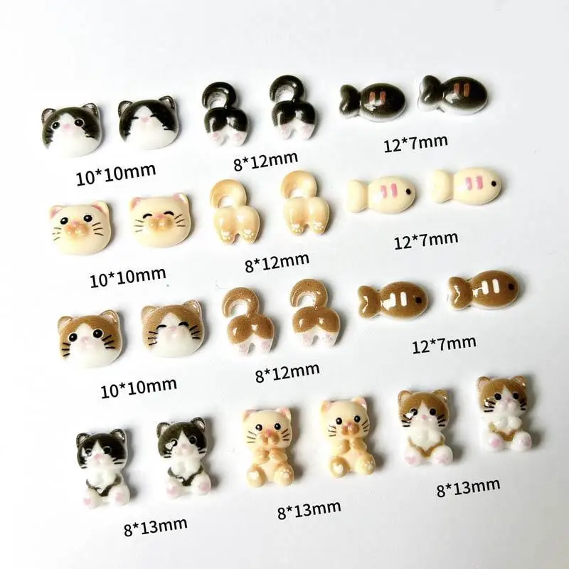 50Pcs Cartoon Luminous Cats Fishes Nail Charms 3D Cute Cat Head Butt Cream Glue Resin Nail Art Decorations for DIY Hairpin Nails