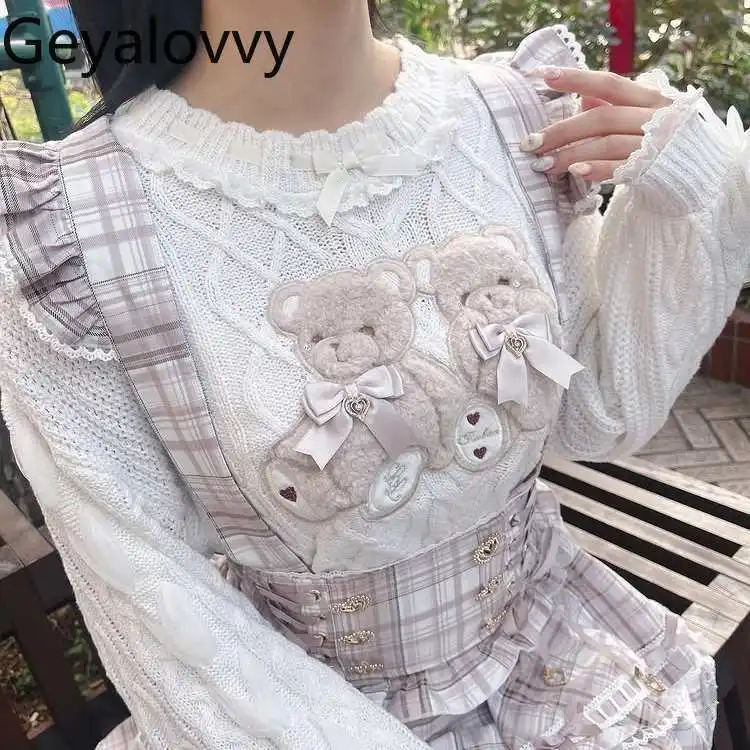 

Свитер в японском стиле с милым мультяшным плюшевым декором и вышитым бантом, универсальный вязаный пуловер с длинными рукавами для девочек