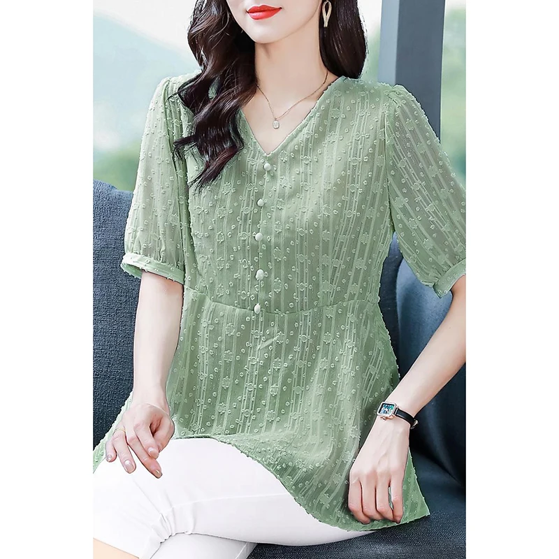 Mode V-Hals Knoop Gesplitst Effen Kleur Chiffon Blouses Dameskleding 2024 Zomer Nieuwe Losse Casual Tops Office Dame Shirts