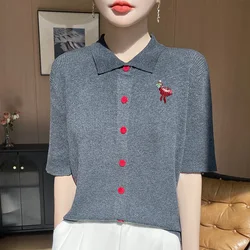 European goods heavy industry POLO collar 100% pure wool women's short-sleeved T-shirt spring and summer new loose knit cardigan