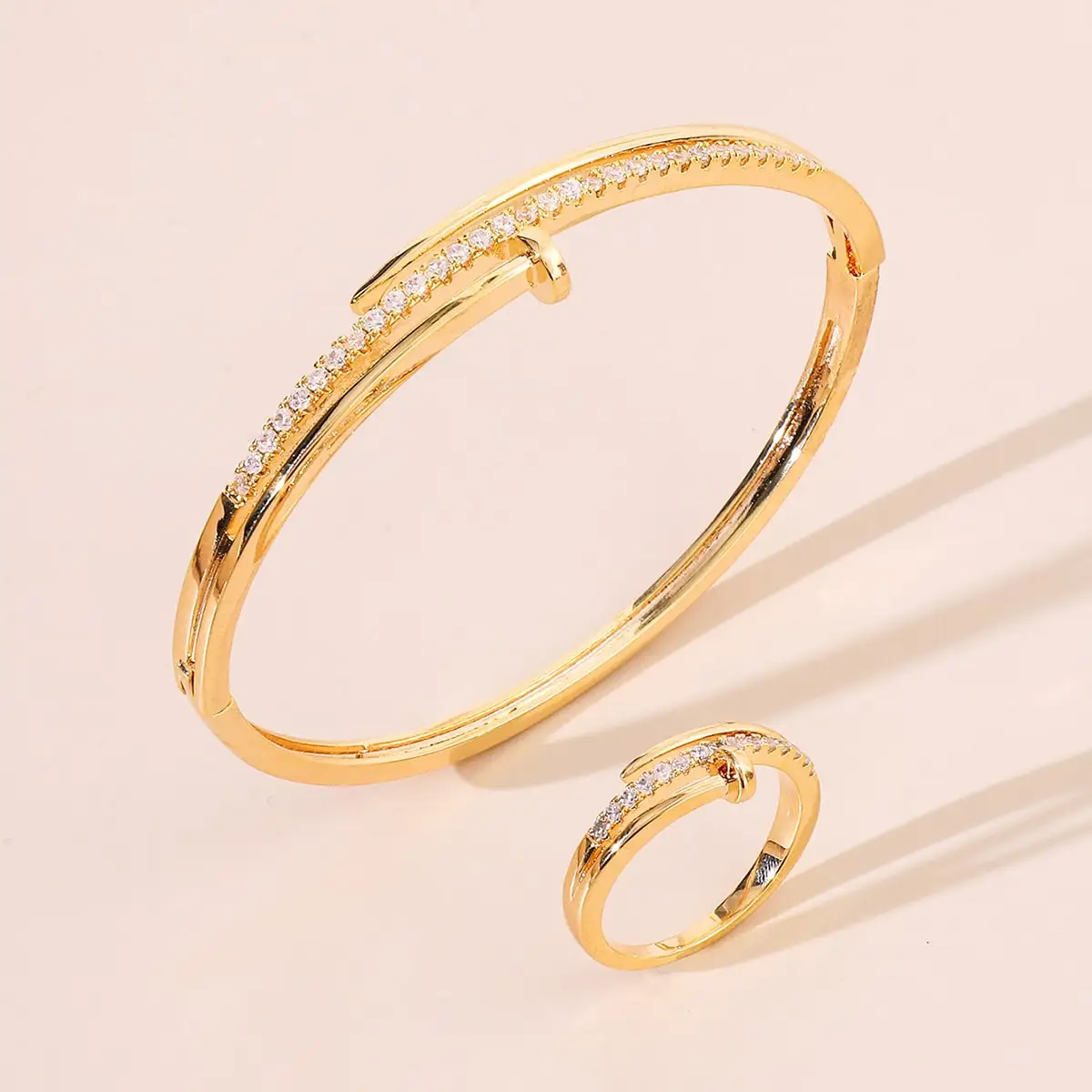 1 set of 14K gold plated copper Europe and America fashion simple temperament INS tide bracelet ring set