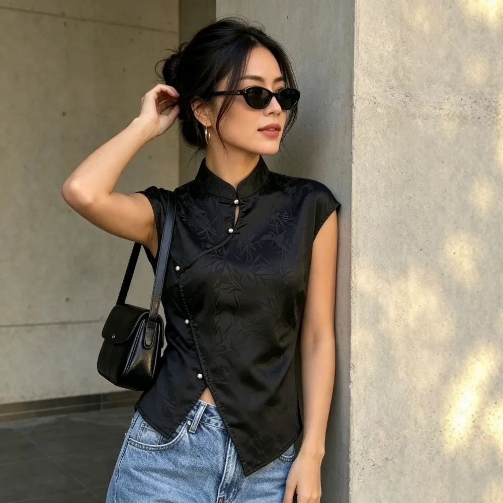 Asymmetry Hem Blouse Top Side Placket Frog Button Qipao Tunic Jacquard Weave Stand Neck Mandarin Collar Autumn Outfit