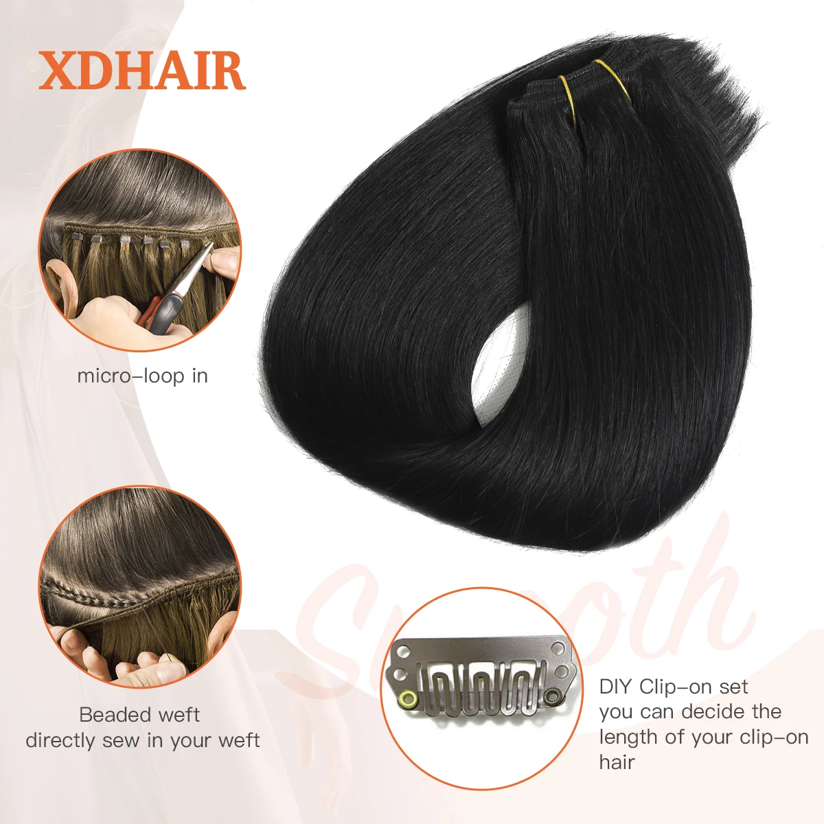 Пряди XDhair для наращивания, человеческие волосы 80 г 100 г, черные пряди ручной работы, настоящие волосы для наращивания, черные Пришивные волосы