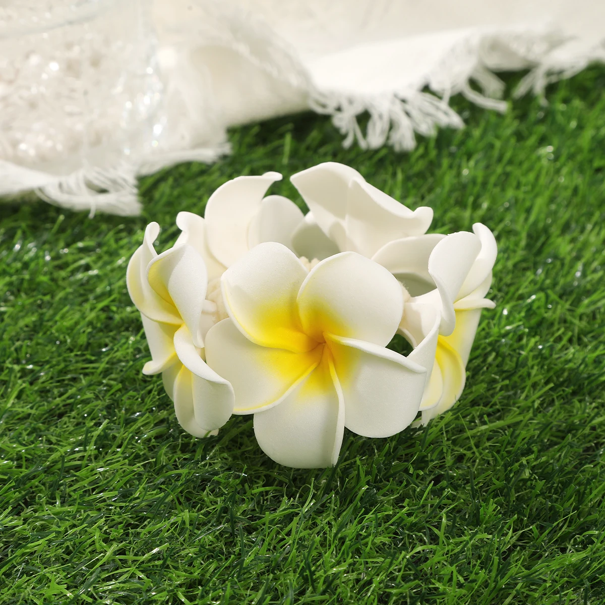 AWAYTR Artificial Plumeria Headbands High Elastic Cotton Rope Ponytail For Women Hair Ties Holders Rubber Band Korean Headdress