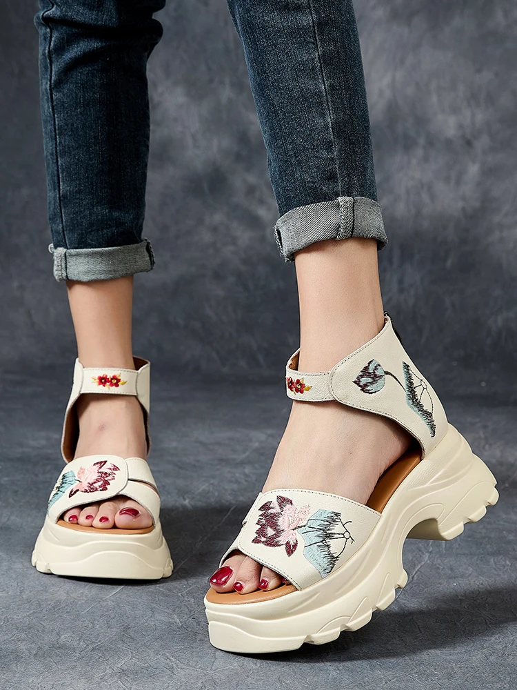 

Birkuir Retro Women Thick Heel Sandals 6cm High Heel Slides 2025 Embroidery Flower Back Zippers Outdoor High Top Summer Shoes