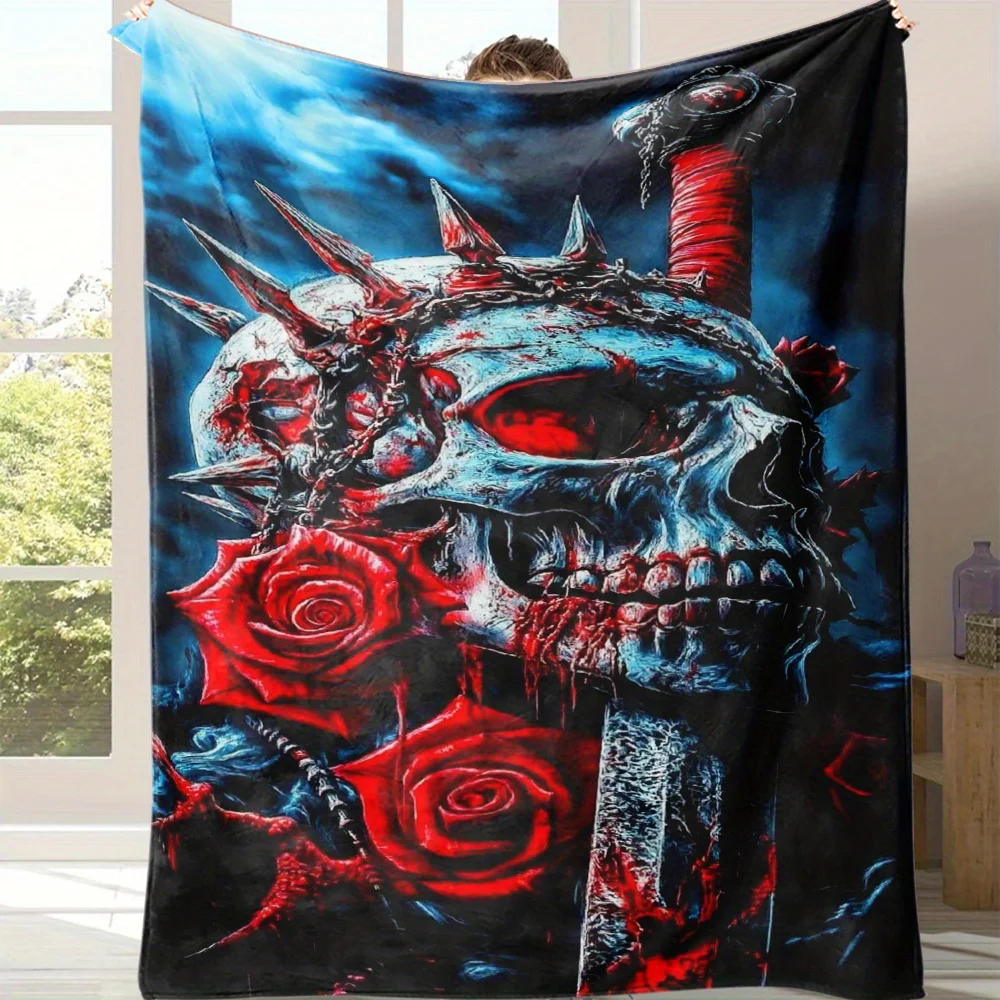 

Gothic Skull with Roses & Sword Flannel Blanket 60x80inch – Edgy Art Design – Machine Washable – Perfect for Bed or Sofa