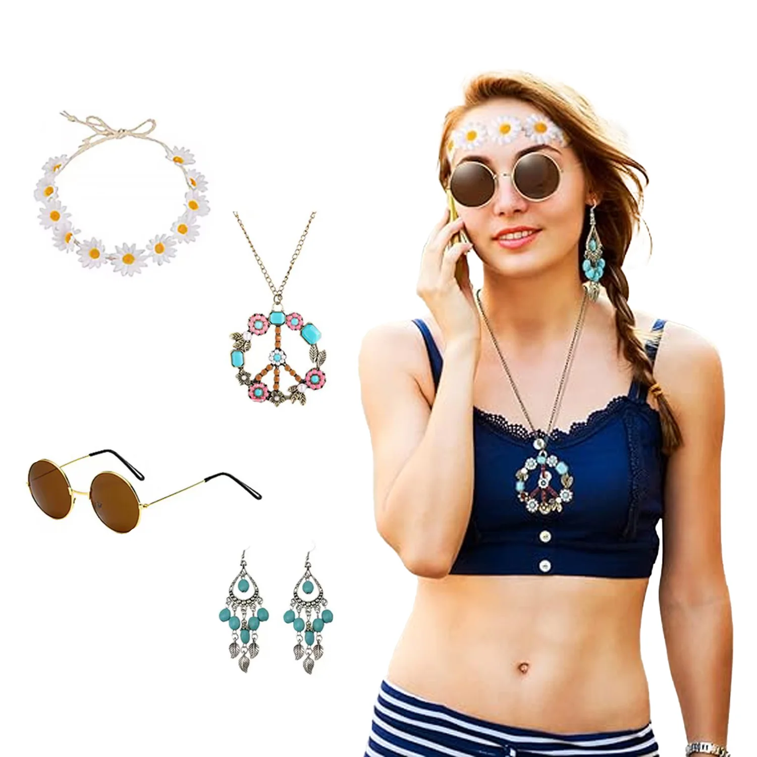 Les accessoires de costume hippie PESENAR comprennent des lunettes de soleil, un collier avec signe de paix, un bandeau et une boucle d'oreille Boho pour une fête des années 60 et 70