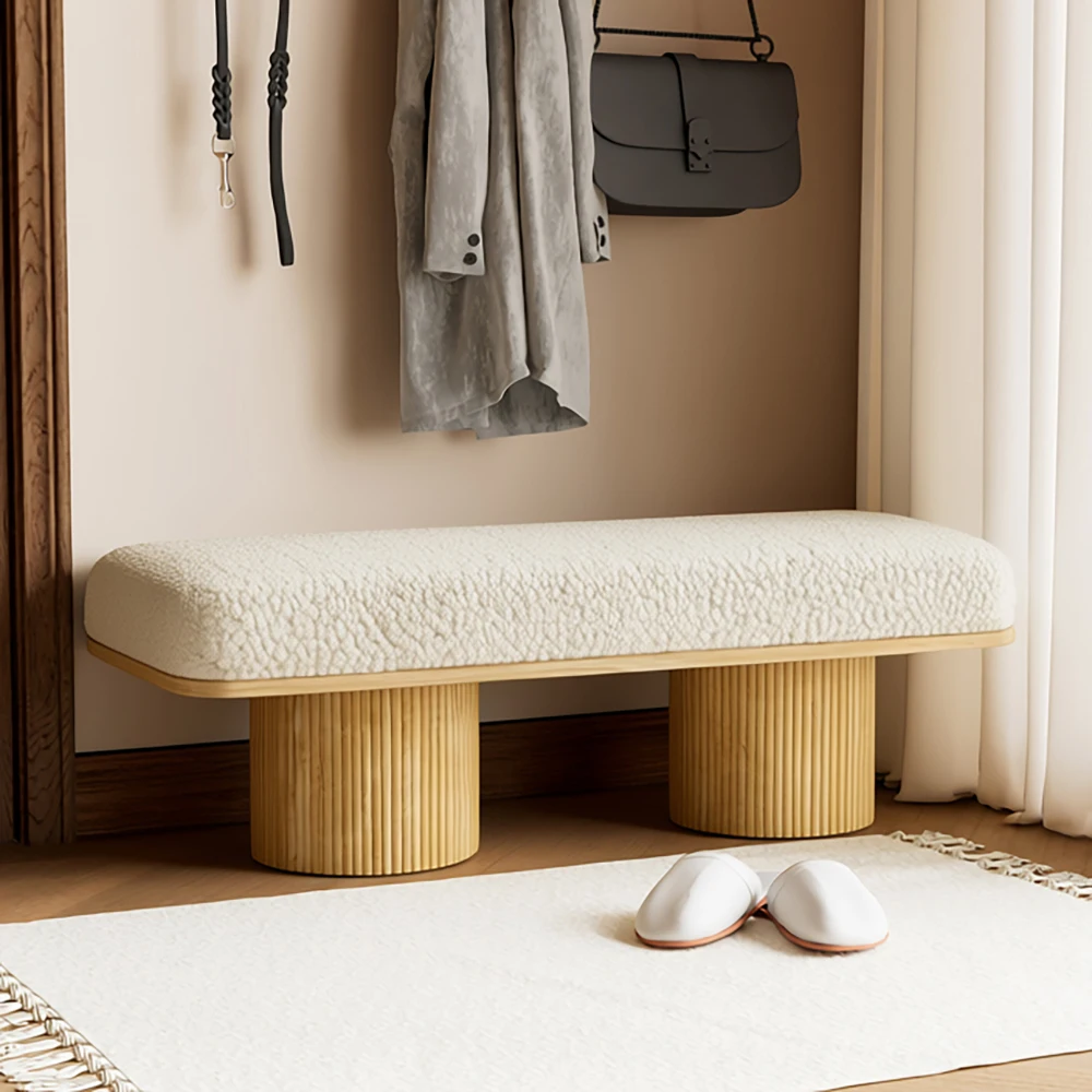 Banc moelleux moderne de 122 cm avec base en bois massif, ottoman rembourré en polaire, banc d'entrée style crème pour chambre à coucher, salon, couloir, décoration intérieure, robuste et confortable