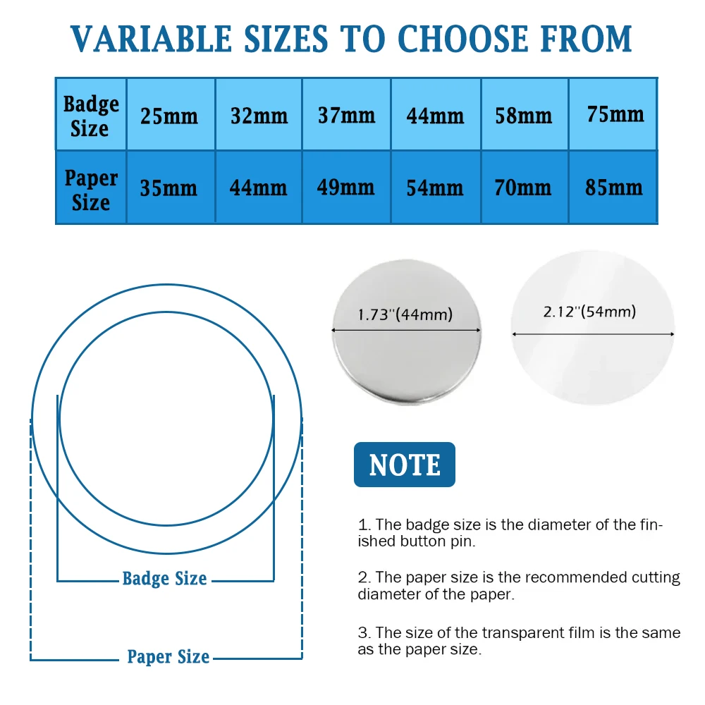 100/200pcs DIY Button Part Supplies 25mm-75mm for Button Maker Machine Round Metal Pin Badge (Iron Top & Bottom & Plastic Film)