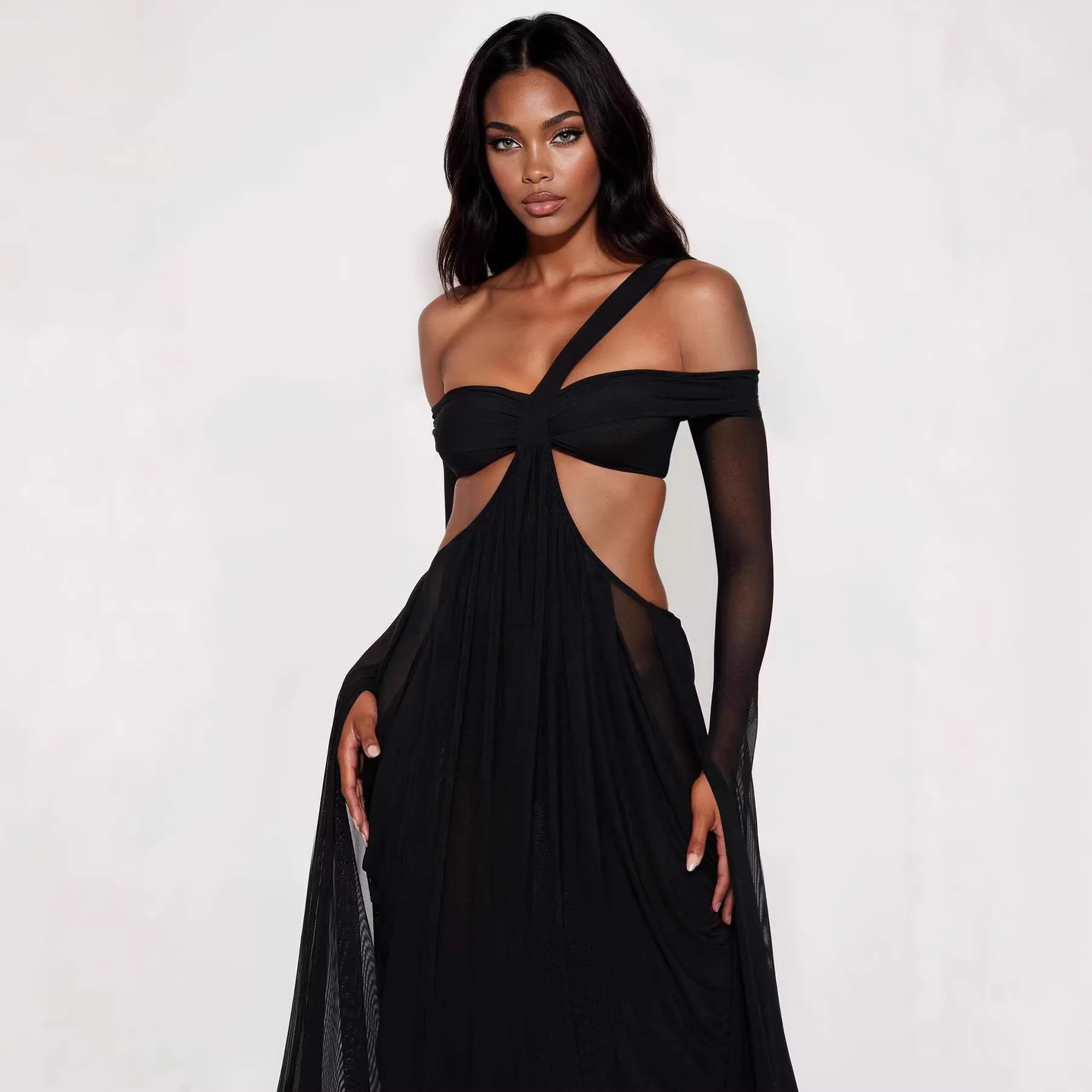 Abito lungo con ritaglio monospalla Abito da sera in maglia trasparente da donna Elegante abito da ballo formale aderente increspato 2026 Nuova moda