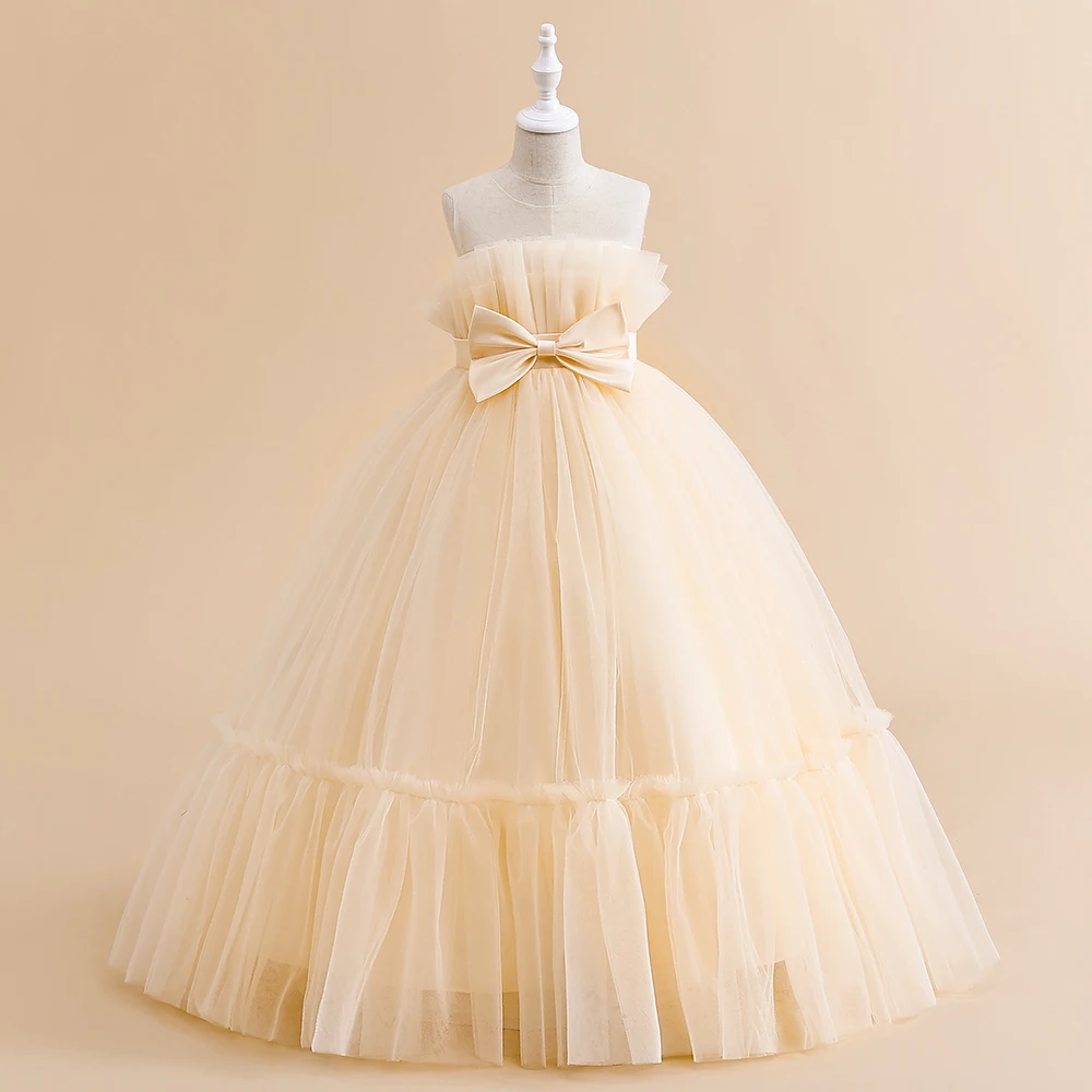 Fluffy White Girls Bridemaid Dress Christmas Bow Tulle Wedding Princess Kids Party Dresses for Girl Pageant First Communion Gown