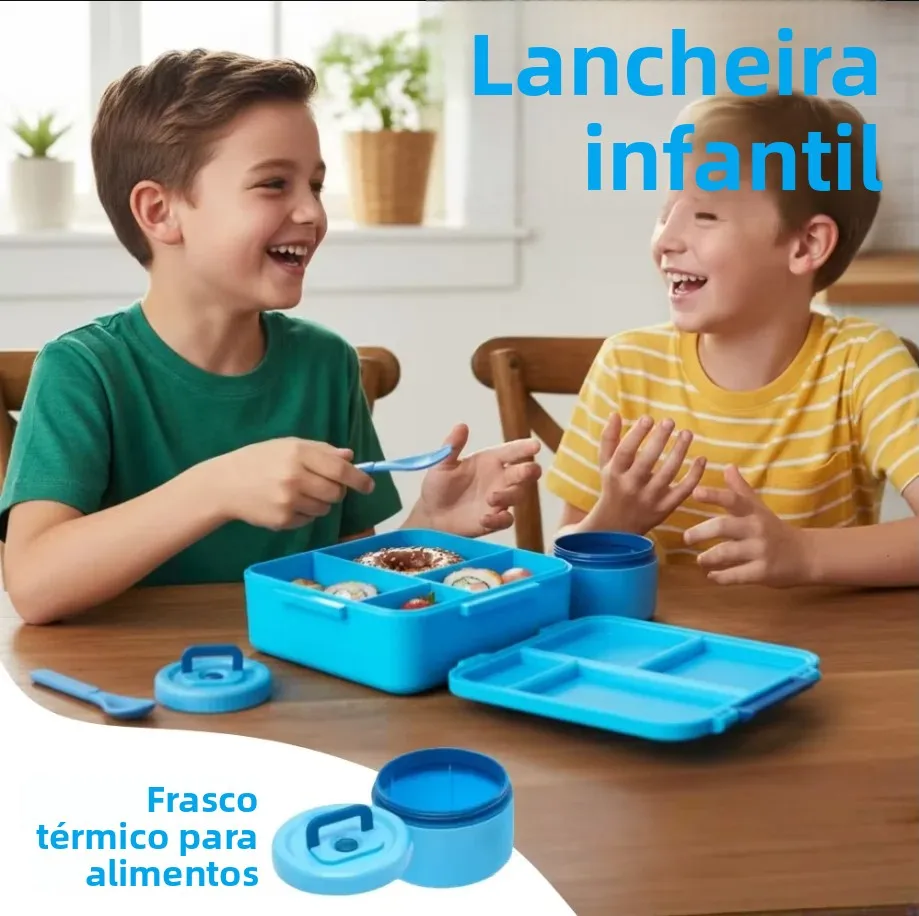 Conjunto de lancheira bento infantil de 1700ml com recipientes de armazenamento de alimentos e garrafa térmica portátil lancheira escolar com toppers