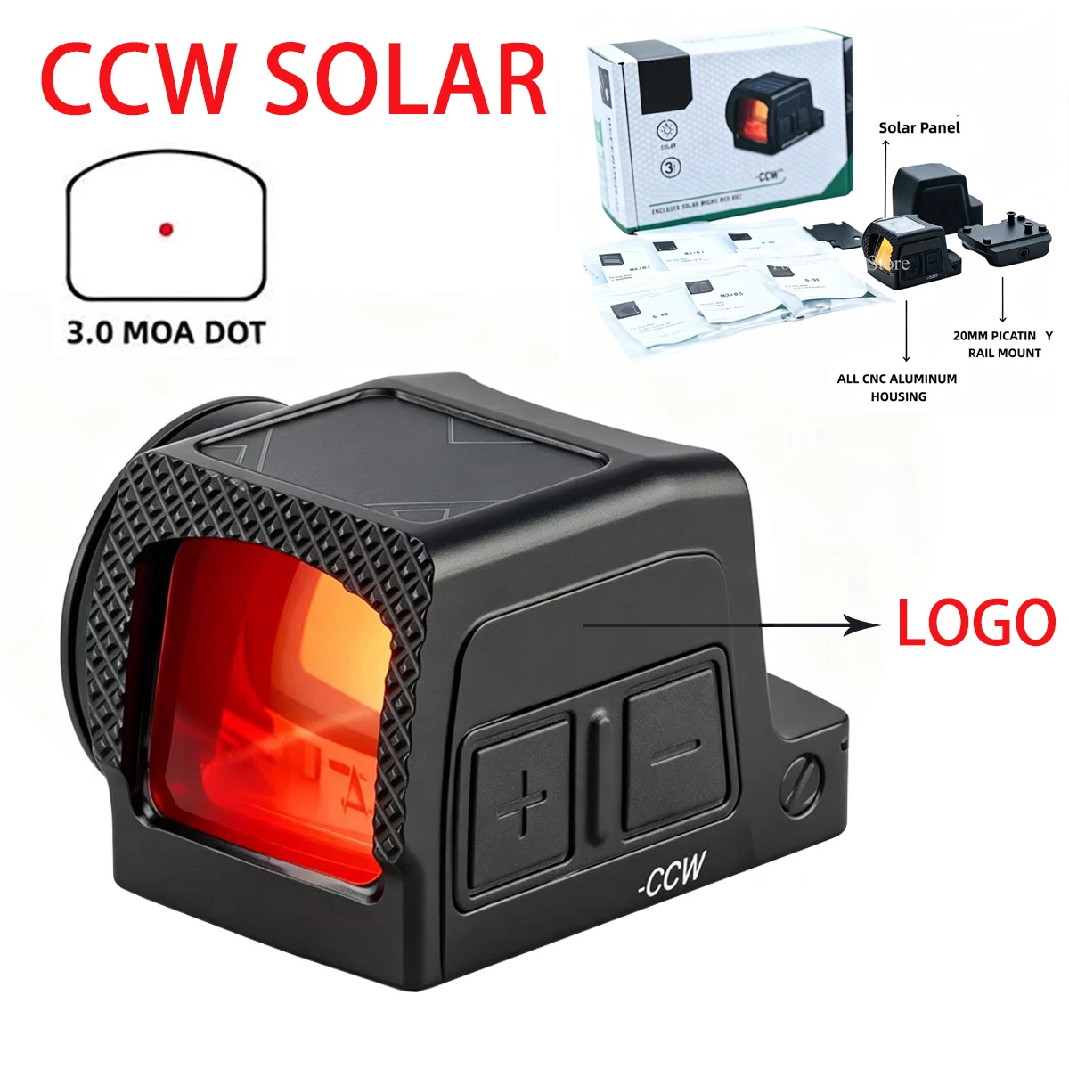 Tactical Defender CCW 3MOA Solar Red Dot Reflex Optics Enclosed Red Dot Sight with Shake Wake Motion Sensing Fit 20mm Rail Mount