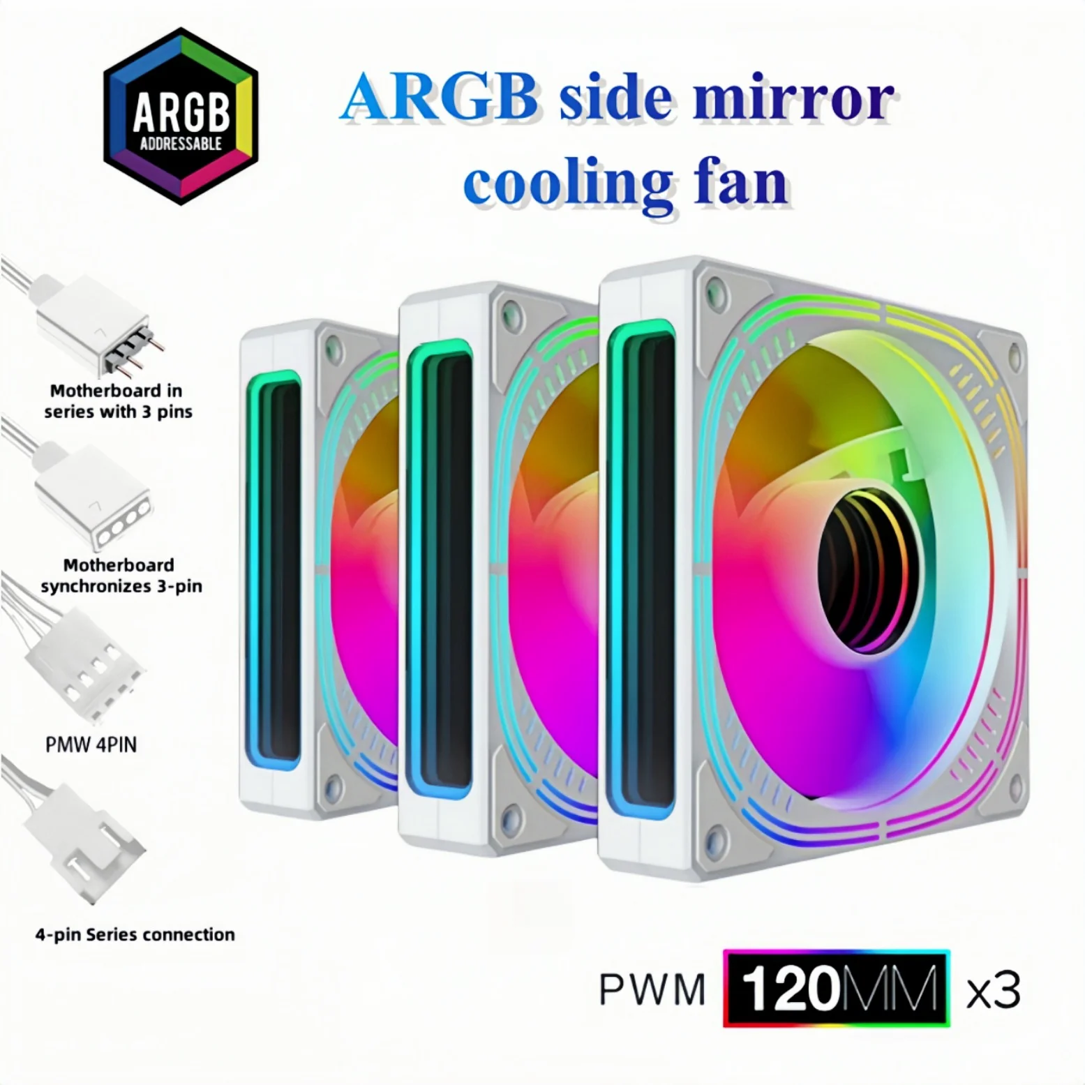 

CX FUTRUE Computer Case Cooling Fan, Prism Side Mirror ARGB Fan 120MM, 3PIN+4PIN Interface Wire, Speed 800-1600RPM.3PCS