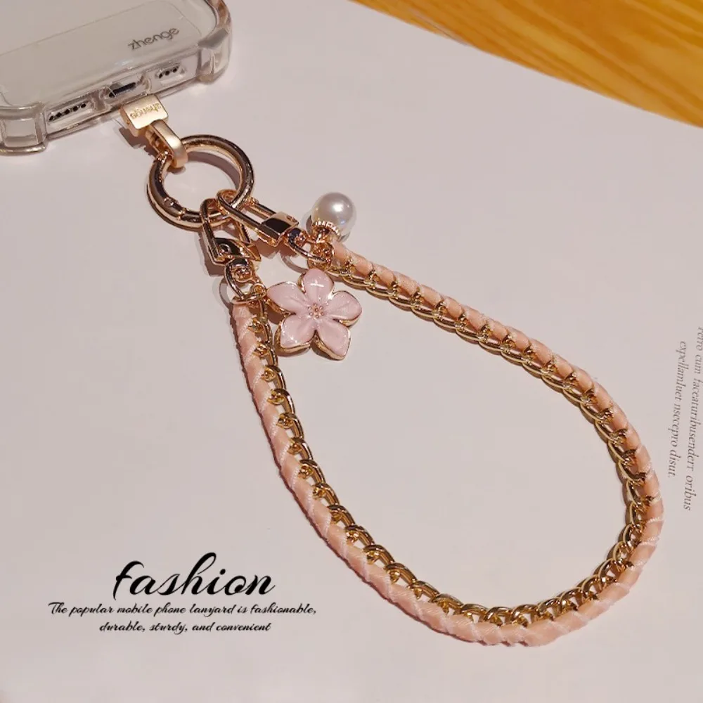 

Цепочка для телефона с подвеской-цветком, жемчугом и металлической цепочкой, короткий ремешок для мобильного телефона, женский/девичий стиль