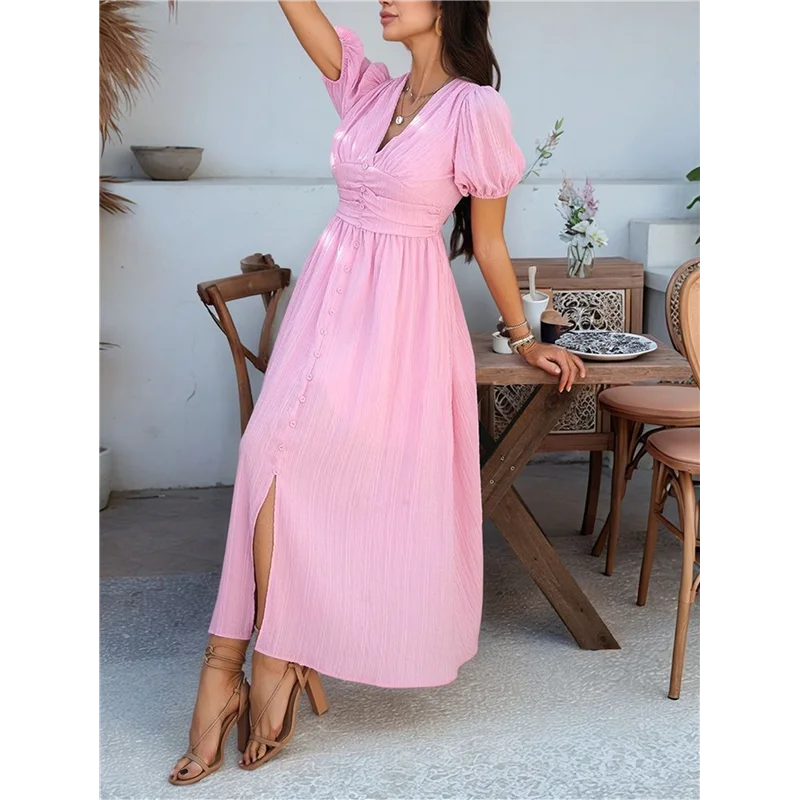 ชุดเดรสลำลองผู้หญิง ABRT สำหรับฤดูร้อน แขนพอง คอวี แต่งระบาย กระดุมหน้า ผ่าข้าง สไตล์โบฮีเมียน เหมาะสำหรับวันหยุดพักผ่อนที่ชายหาด งานแต่งงาน ปี 2025