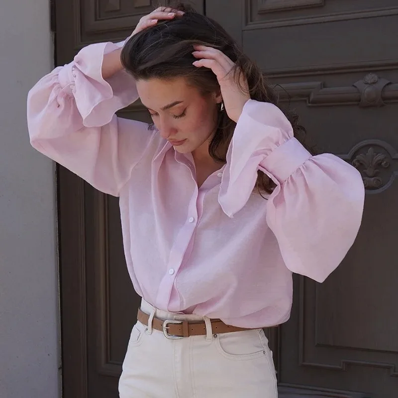 Camisas transparentes holgadas informales para mujer, blusa de retazos de manga larga con solapa de otoño, ropa de calle, camisas sólidas para mujer, Top