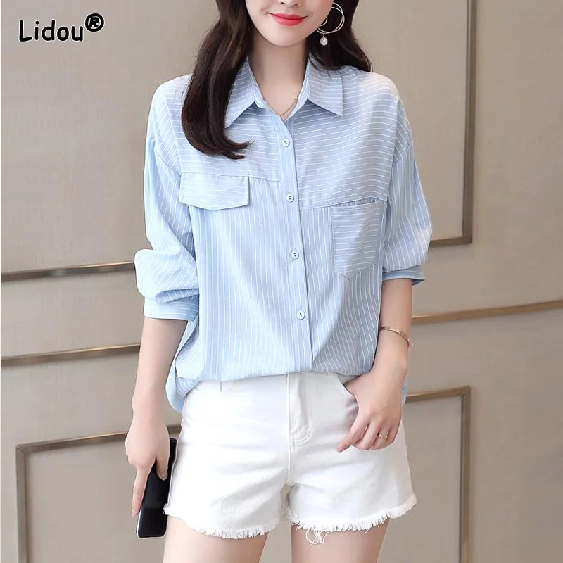 

Casual Solid Loose Thin Women Shirt Straight Pockets Turn-down Collar Stripe Graphic Graceful Women's Clothing Spring Summer