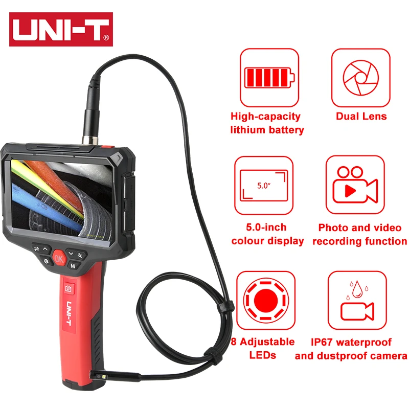 UNI-T Industrial Endoscope Dual Lens UT668 200W Pixel HD Camera Endoscope Photo Video Record Automotive Boroscope 1M 5M 10M Tube