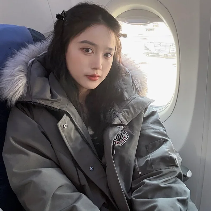 معطف الشتاء الرجعية المرأة مقنعين أسفل سترة الفراء طوق تنوعا ملابس خارجية سميكة البوليستر النسيج طويلة الأكمام نمط التنقل #1