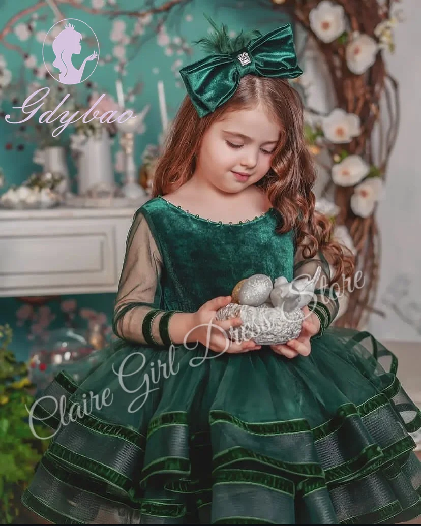 Customized Green Flower Girl Dresses For Wedding Full Sleeves Knee Length Kids Birthday Party First Communion Pageant Gown