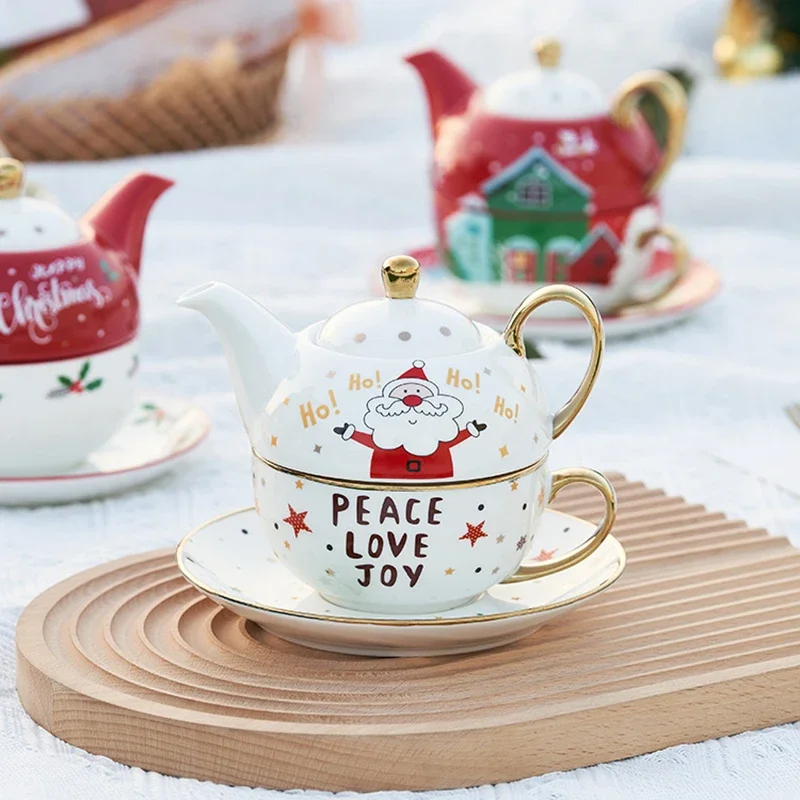 Christmas Ceramic Teapot Cup Saucer Spoon Tea Set with Gift Box Gold Plated Handle Mug Teapot Afternoon Tea Cup Christmas Gift