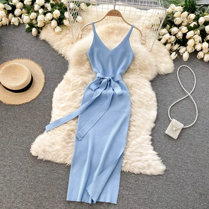 Schicke Mode Schärpen sexy Wickel Hüften Split gestrickt Sommerkleid Frauen schlanke elastische Bodycon langes Kleid Streetwear Outfits Vestido